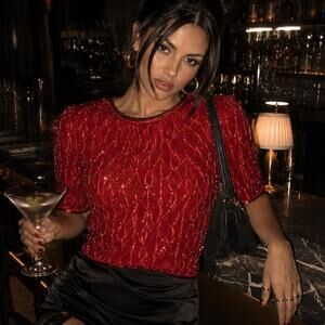 Vintage Mark & John by Gopal Red Beaded Silk Top M